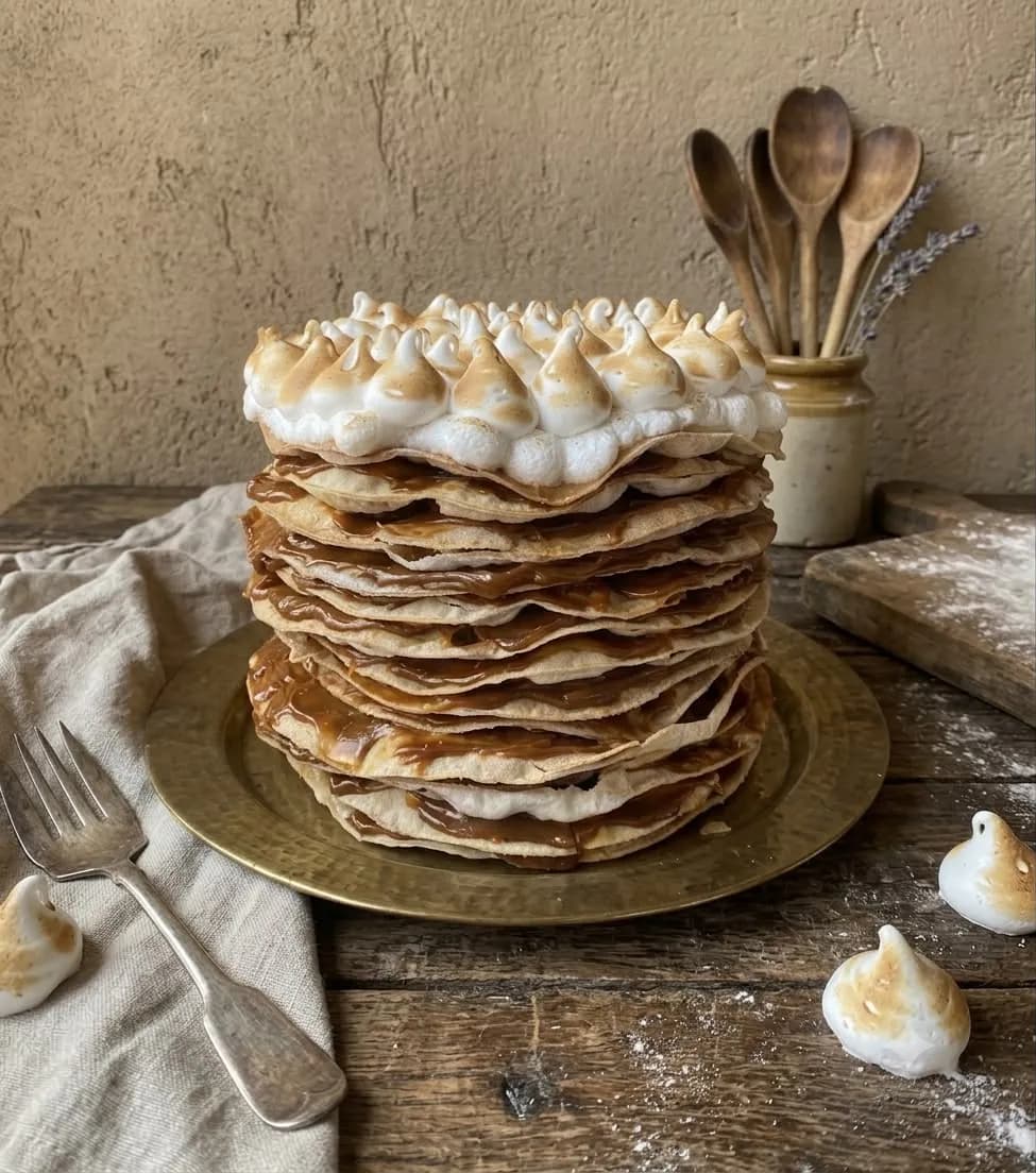 Rogel casero, capa por capa, con dulce de leche y merengue tostado, sobre una mesa de madera enharinada