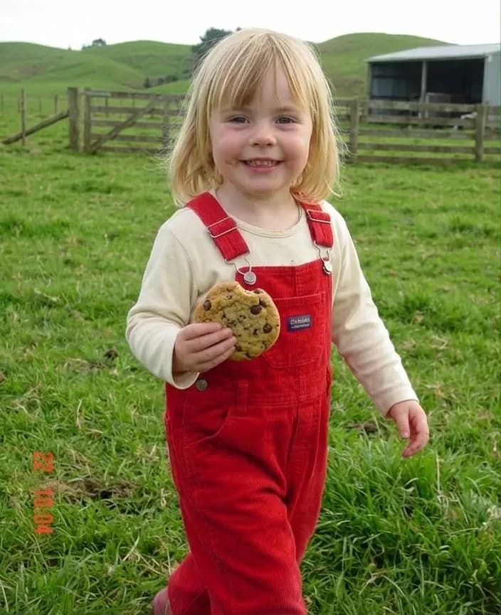 Ellie de chiquita, con una galletita en la mano, en la granja de Kumeu